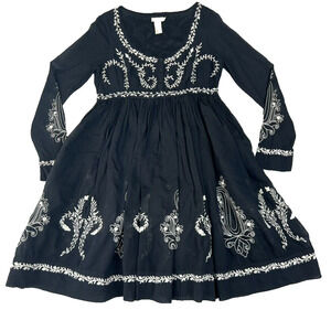 Collette Dress Womens Medium Black Embroidered Long Sleeve A-Line Cottage